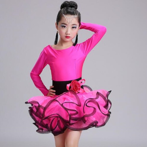 Girls latin dresses  for kids children pink neon green ballroom competition stage performance salsa rumba chacha dance dresses